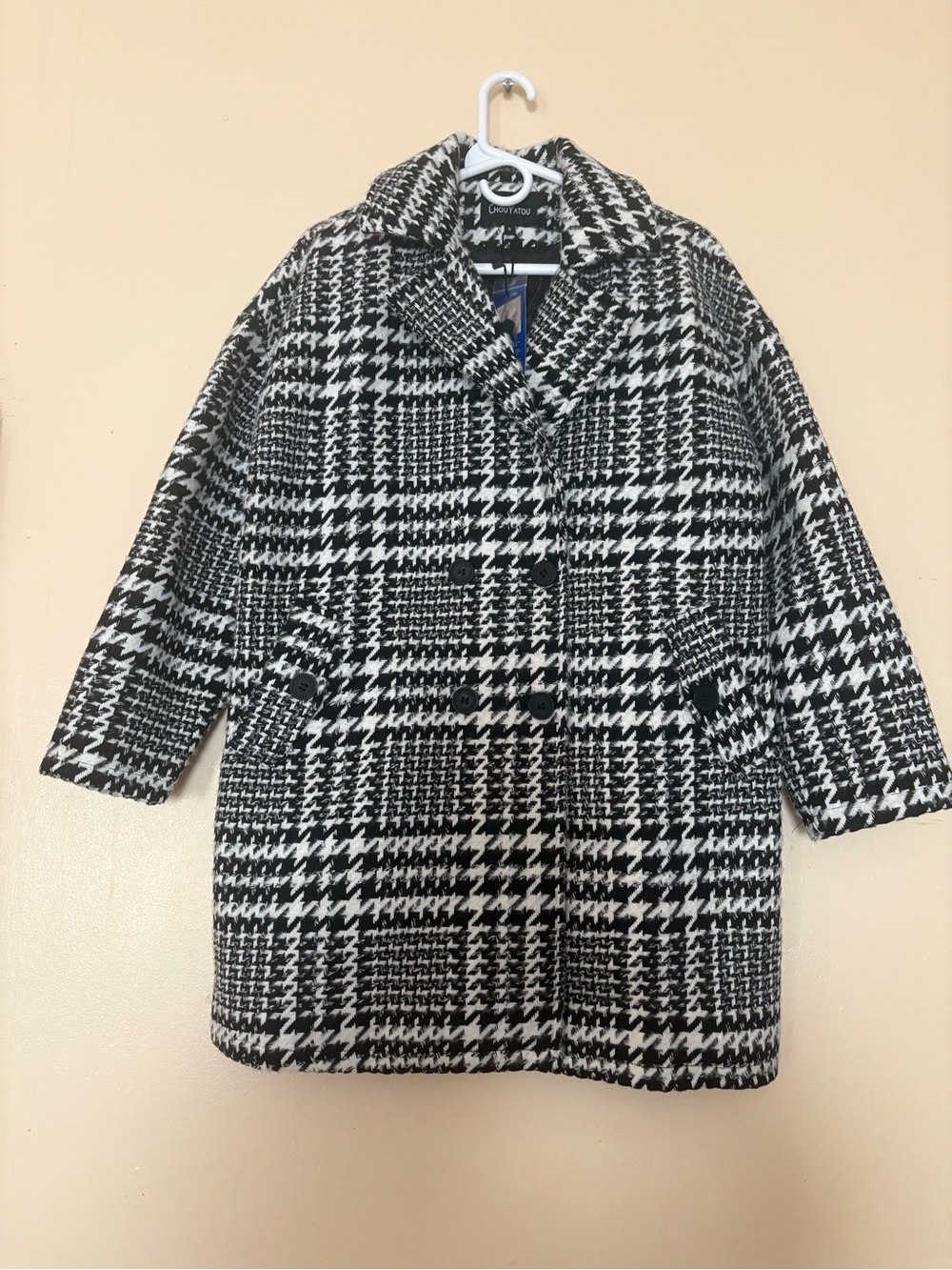 Wool-Blend Houndstooth Peacoat - Black & White